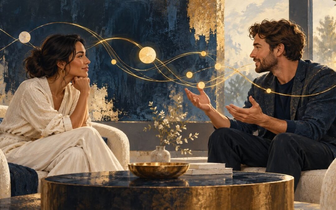 Illustration of two people in conversation, with golden threads symbolizing shared ideas.
